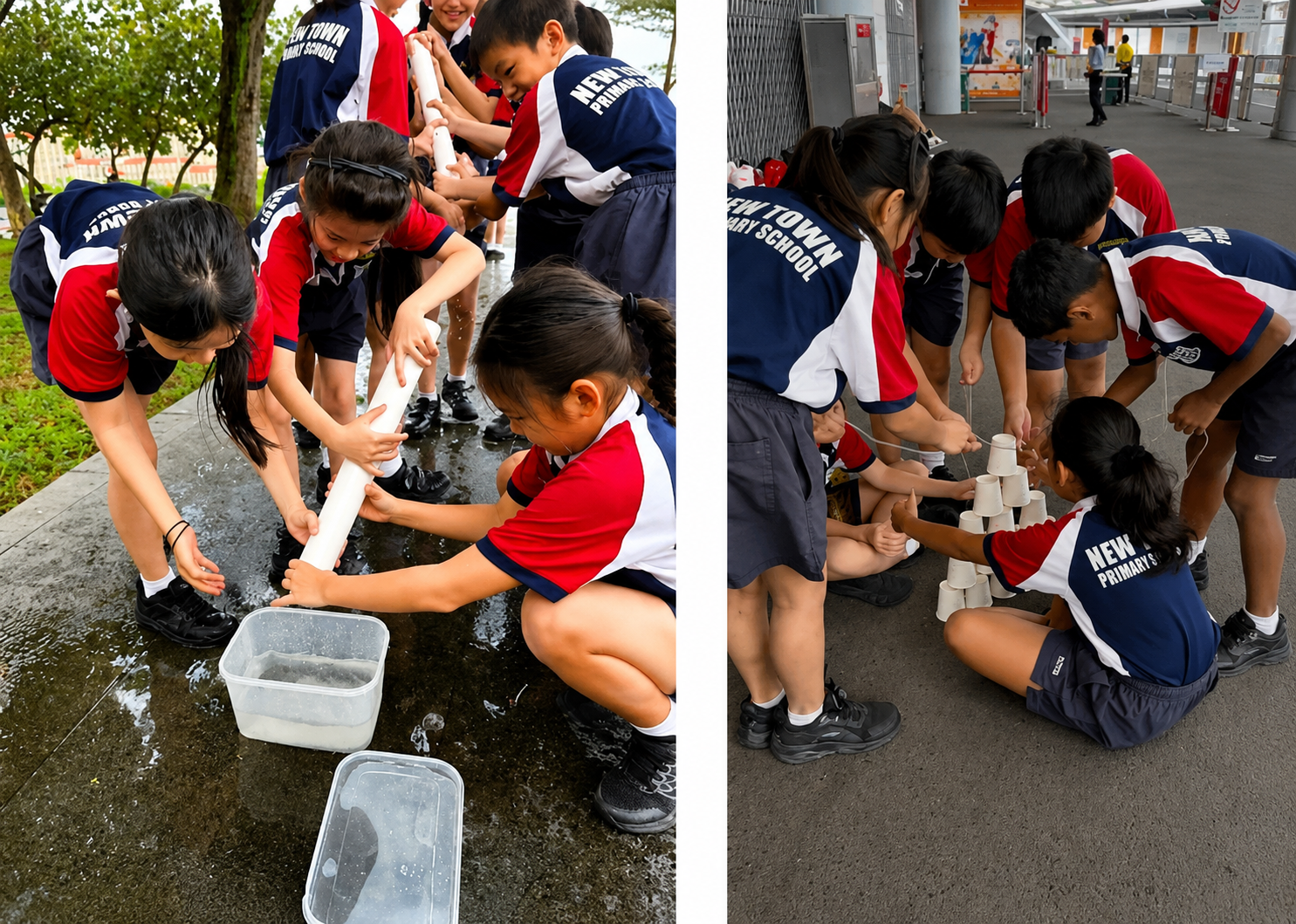 Students in red and white uniforms collect water with a pipe into a container outdoors, while others stack blocks nearby.